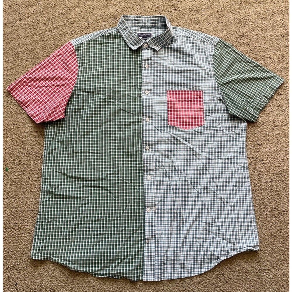 Club Room Colorblock Gingham Shirt Mens XL Red Green Short Sleeve